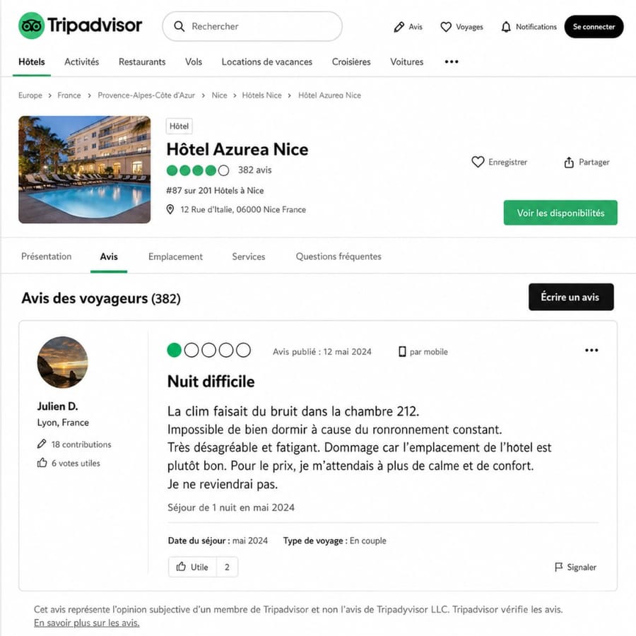 Avis client négatif sur Tripadvisor après une nuit difficile causée par une climatisation bruyante