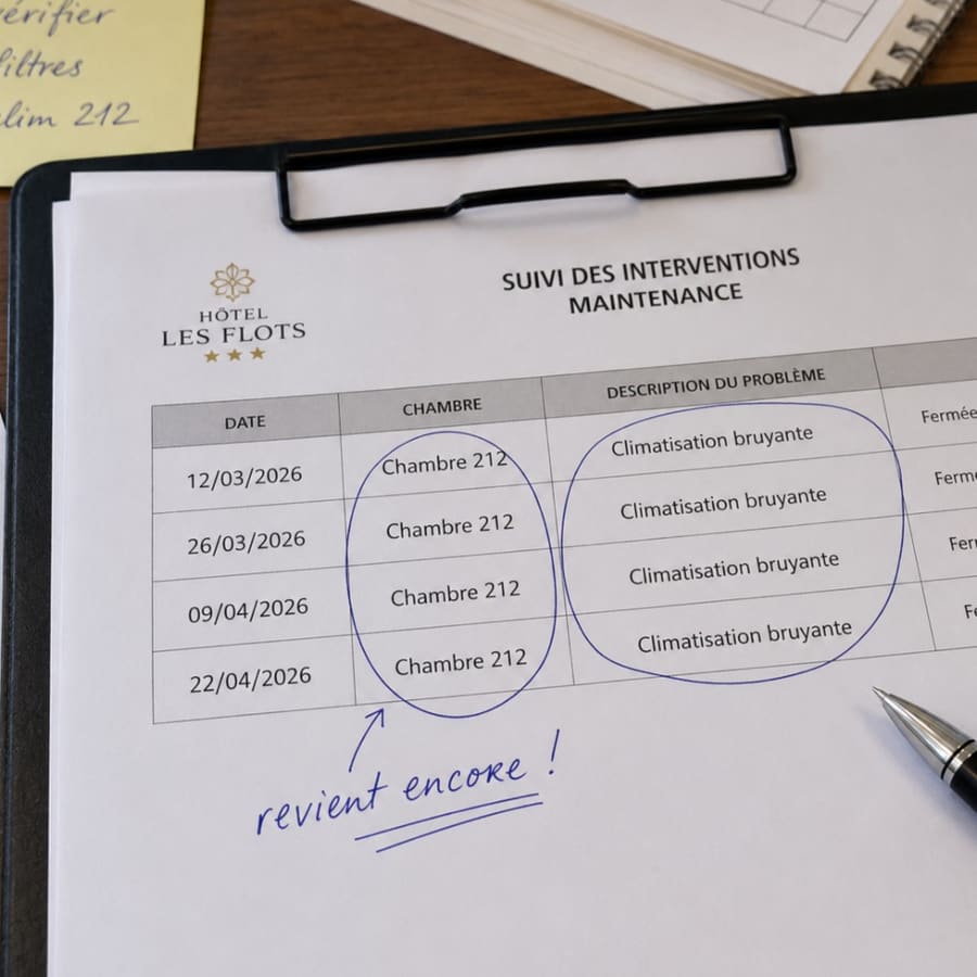 Feuille de suivi des interventions montrant plusieurs lignes répétées pour une climatisation bruyante en chambre 212
